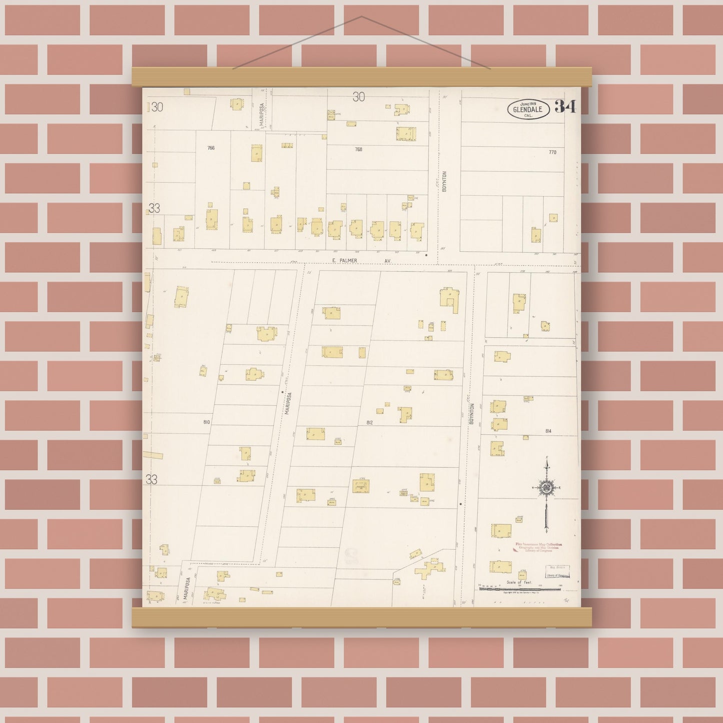 Old map wall art mockup — magnetic wood frame on brick wall — Sanborn Fire Insurance Map from Glendale, Los Angeles County, California (1919), Sheet #0034