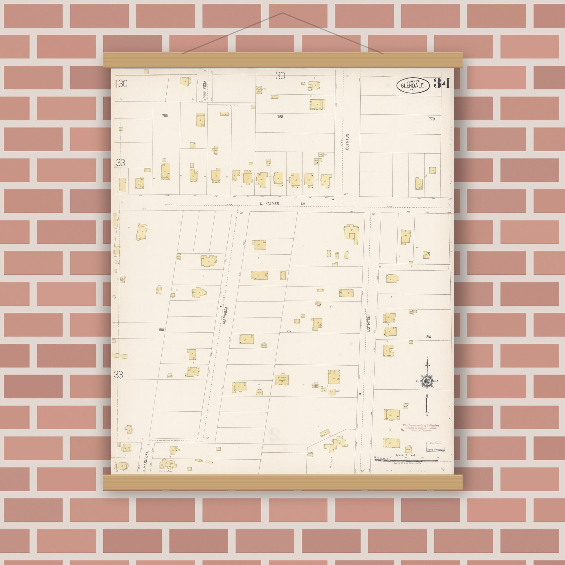 Old map wall art mockup — magnetic wood frame on brick wall — Sanborn Fire Insurance Map from Glendale, Los Angeles County, California (1919), Sheet #0034