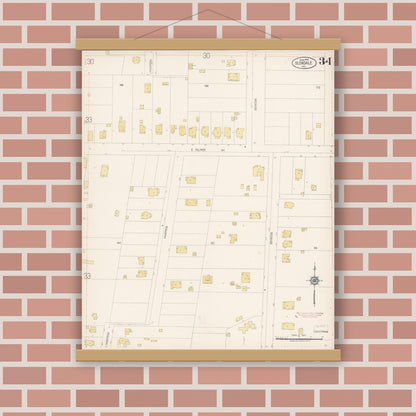 Old map wall art mockup — magnetic wood frame on brick wall — Sanborn Fire Insurance Map from Glendale, Los Angeles County, California (1919), Sheet #0034
