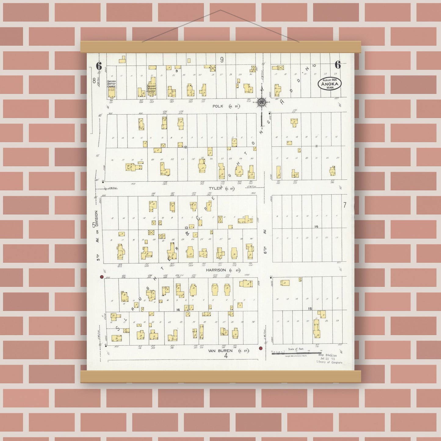 Old map wall art mockup — magnetic wood frame on brick wall — Sanborn Fire Insurance Map from Anoka, Anoka County, Minnesota (1925), Sheet #0006