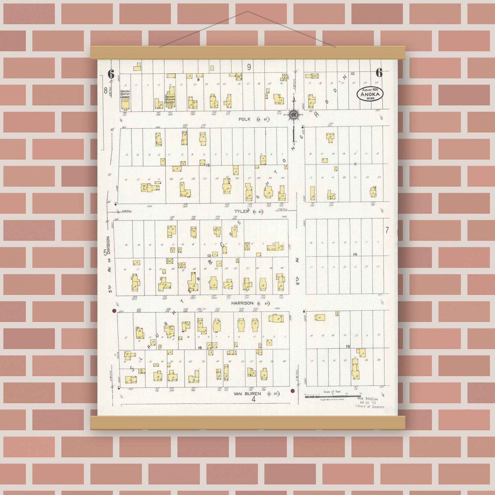 Old map wall art mockup — magnetic wood frame on brick wall — Sanborn Fire Insurance Map from Anoka, Anoka County, Minnesota (1925), Sheet #0006
