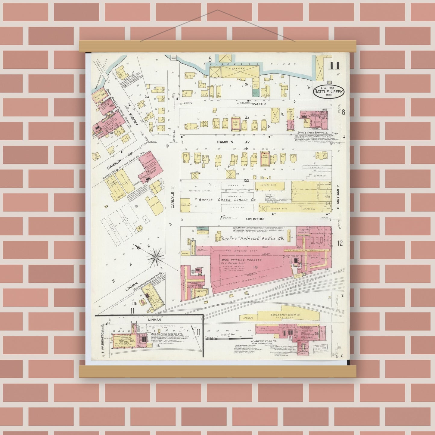 Old map wall art mockup — magnetic wood frame on brick wall — Sanborn Fire Insurance Map from Battle Creek, Calhoun County, Michigan (1907), Sheet #0011