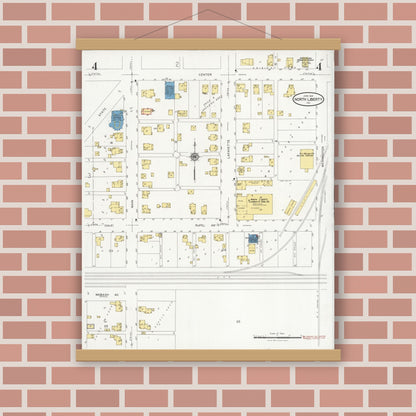 Old map wall art mockup — magnetic wood frame on brick wall — Sanborn Fire Insurance Map from North Liberty, Saint Joseph County, Indiana (1929), Sheet #0004