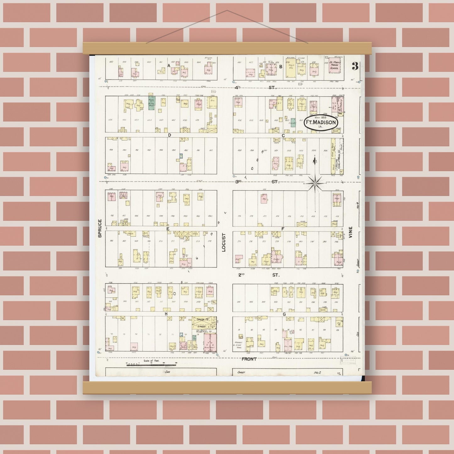 Old map wall art mockup — magnetic wood frame on brick wall — Sanborn Fire Insurance Map from Fort Madison, Lee County, Iowa (1889), Sheet #0003