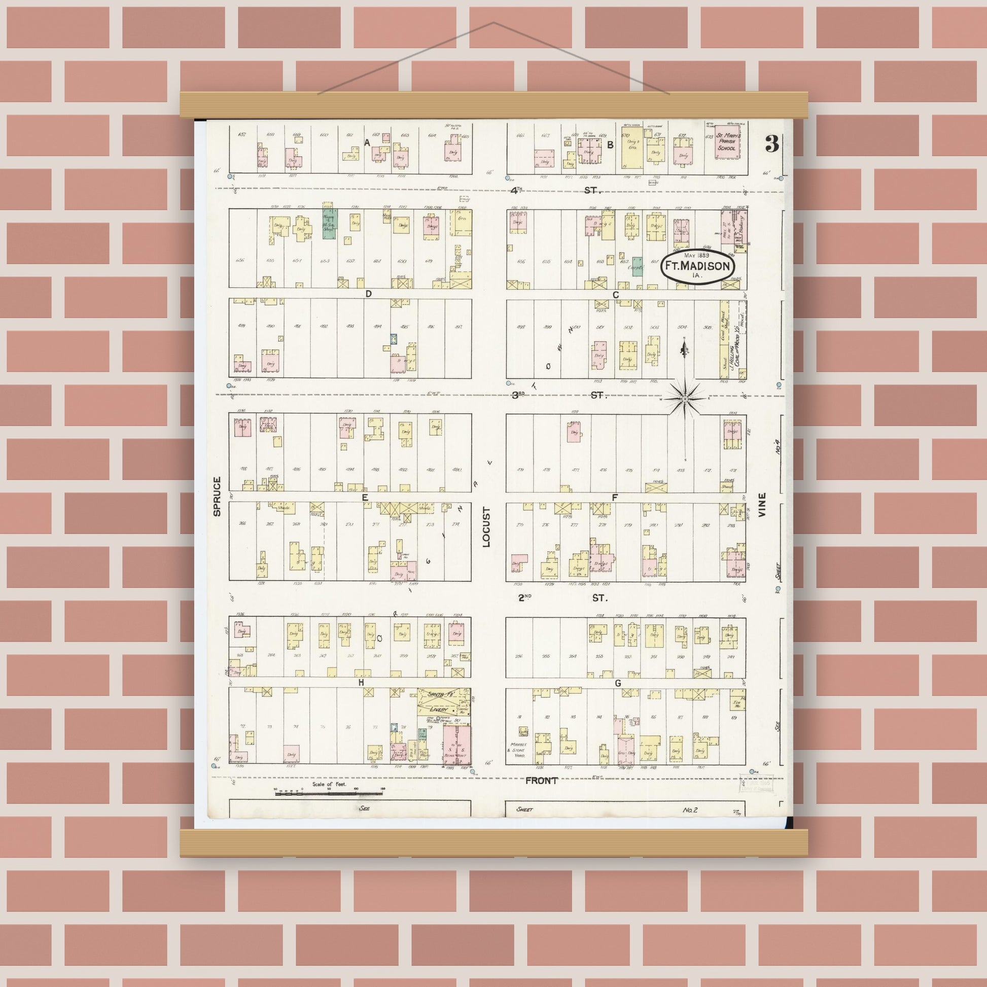 Old map wall art mockup — magnetic wood frame on brick wall — Sanborn Fire Insurance Map from Fort Madison, Lee County, Iowa (1889), Sheet #0003