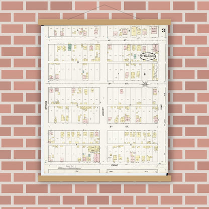 Old map wall art mockup — magnetic wood frame on brick wall — Sanborn Fire Insurance Map from Fort Madison, Lee County, Iowa (1889), Sheet #0003