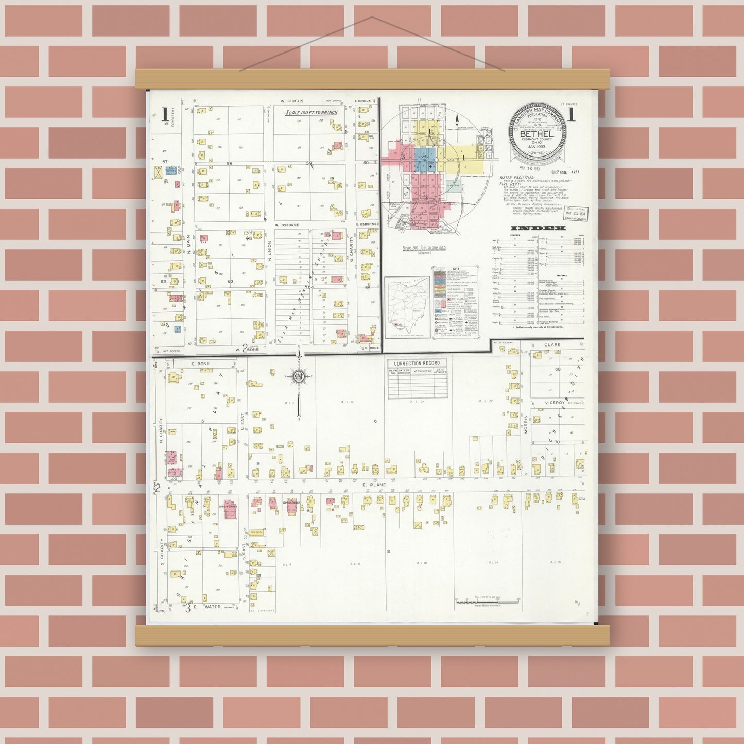 Old map wall art mockup — magnetic wood frame on brick wall — Sanborn Fire Insurance Map from Bethel, Clermont County, Ohio (1933) - Complete Map Set