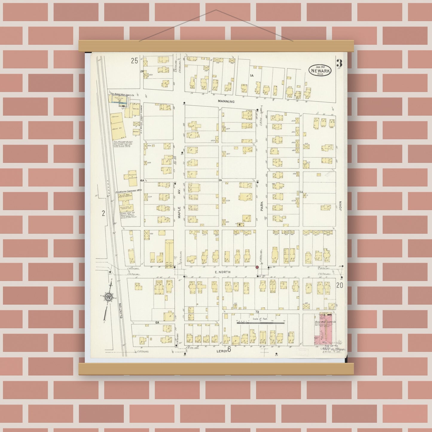 Old map wall art mockup — magnetic wood frame on brick wall — Sanborn Fire Insurance Map from Newark, Licking County, Ohio (1912), Sheet #0003