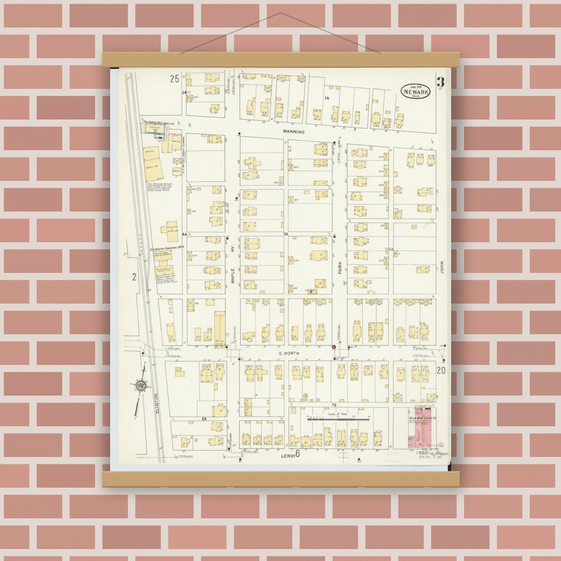 Old map wall art mockup — magnetic wood frame on brick wall — Sanborn Fire Insurance Map from Newark, Licking County, Ohio (1912), Sheet #0003