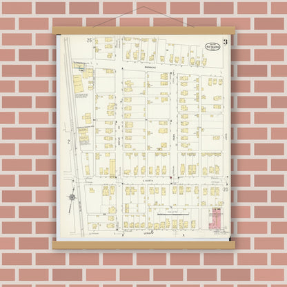Old map wall art mockup — magnetic wood frame on brick wall — Sanborn Fire Insurance Map from Newark, Licking County, Ohio (1912), Sheet #0003