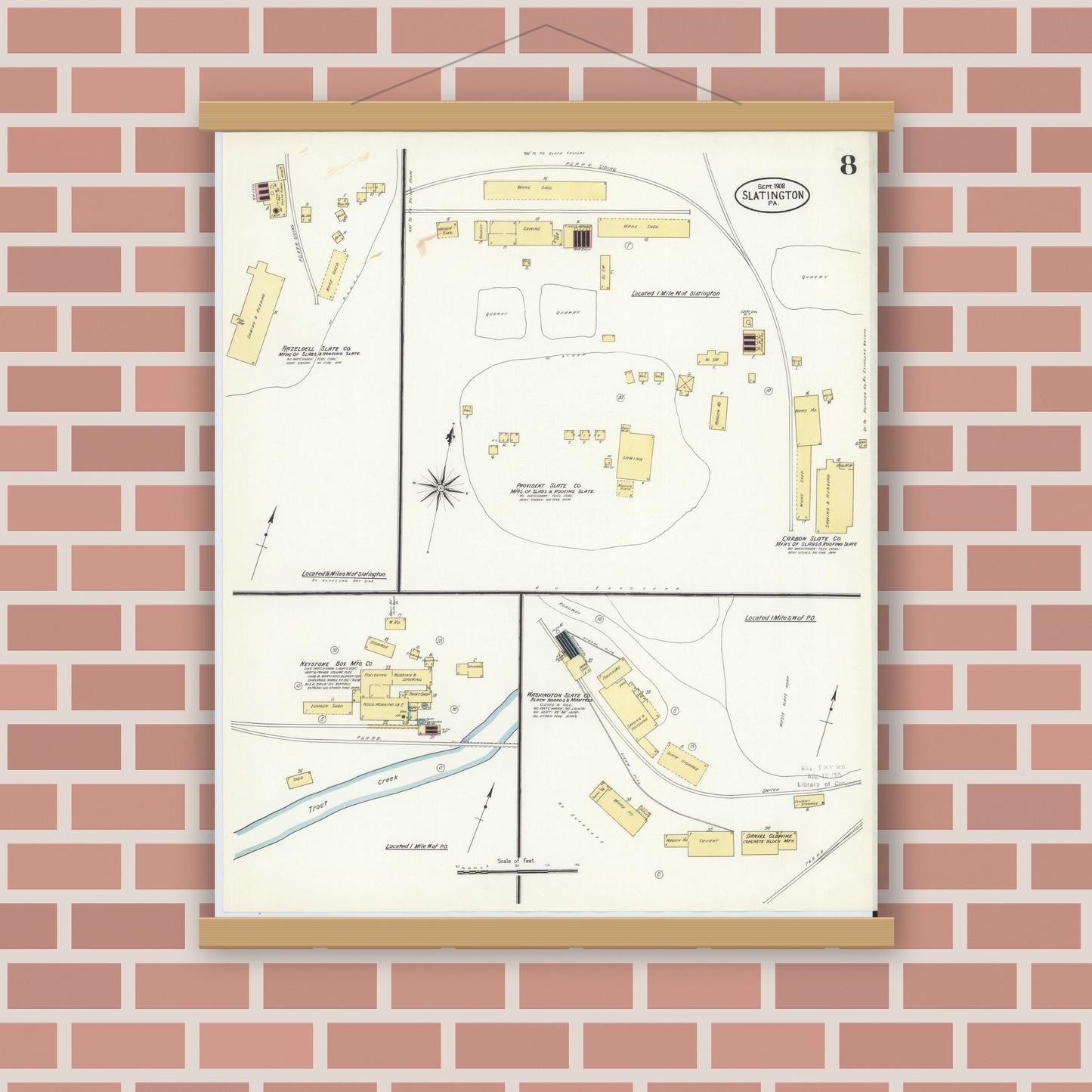 Old map wall art mockup — magnetic wood frame on brick wall — Sanborn Fire Insurance Map from Slatington, Lehigh County, Pennsylvania (1908), Sheet #0008