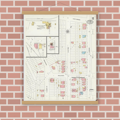 Old map wall art mockup — magnetic wood frame on brick wall — Sanborn Fire Insurance Map from El Paso, El Paso County, Texas (1898), Sheet #0002