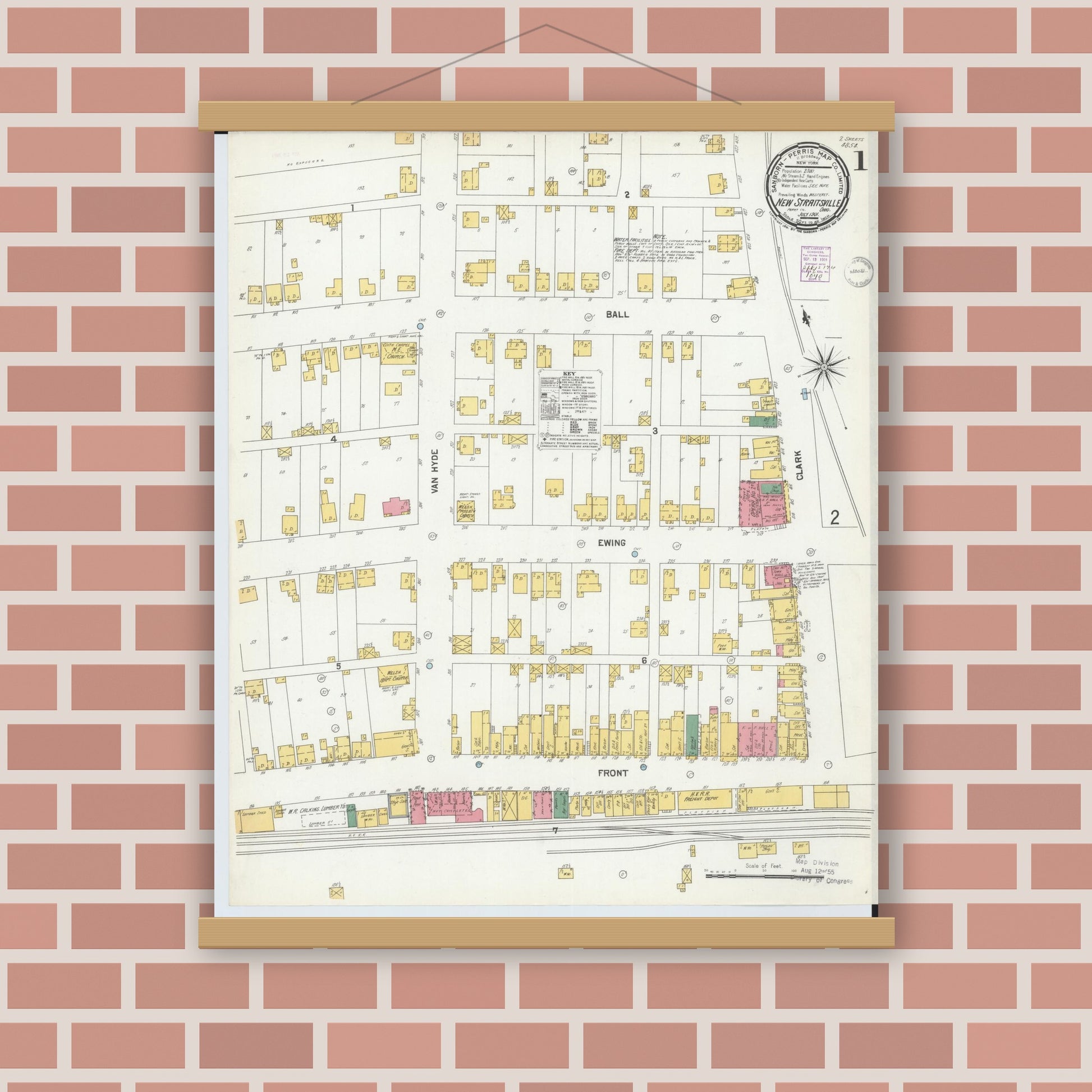 Old map wall art mockup — magnetic wood frame on brick wall — Sanborn Fire Insurance Map from New Straitsville, Perry County, Ohio (1901) - Complete Map Set