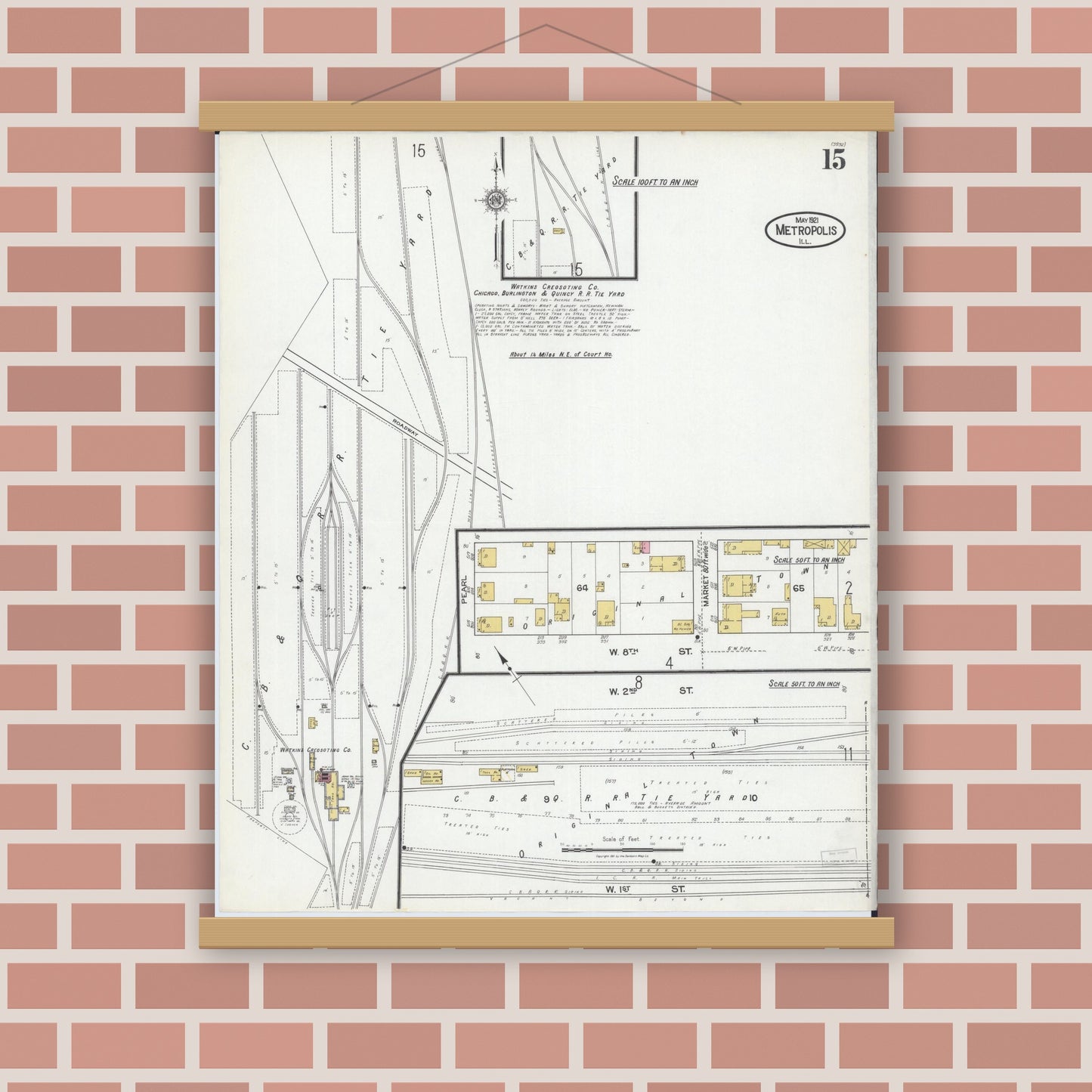 Old map wall art mockup — magnetic wood frame on brick wall — Sanborn Fire Insurance Map from Metropolis, Massac County, Illinois (1921), Sheet #0015