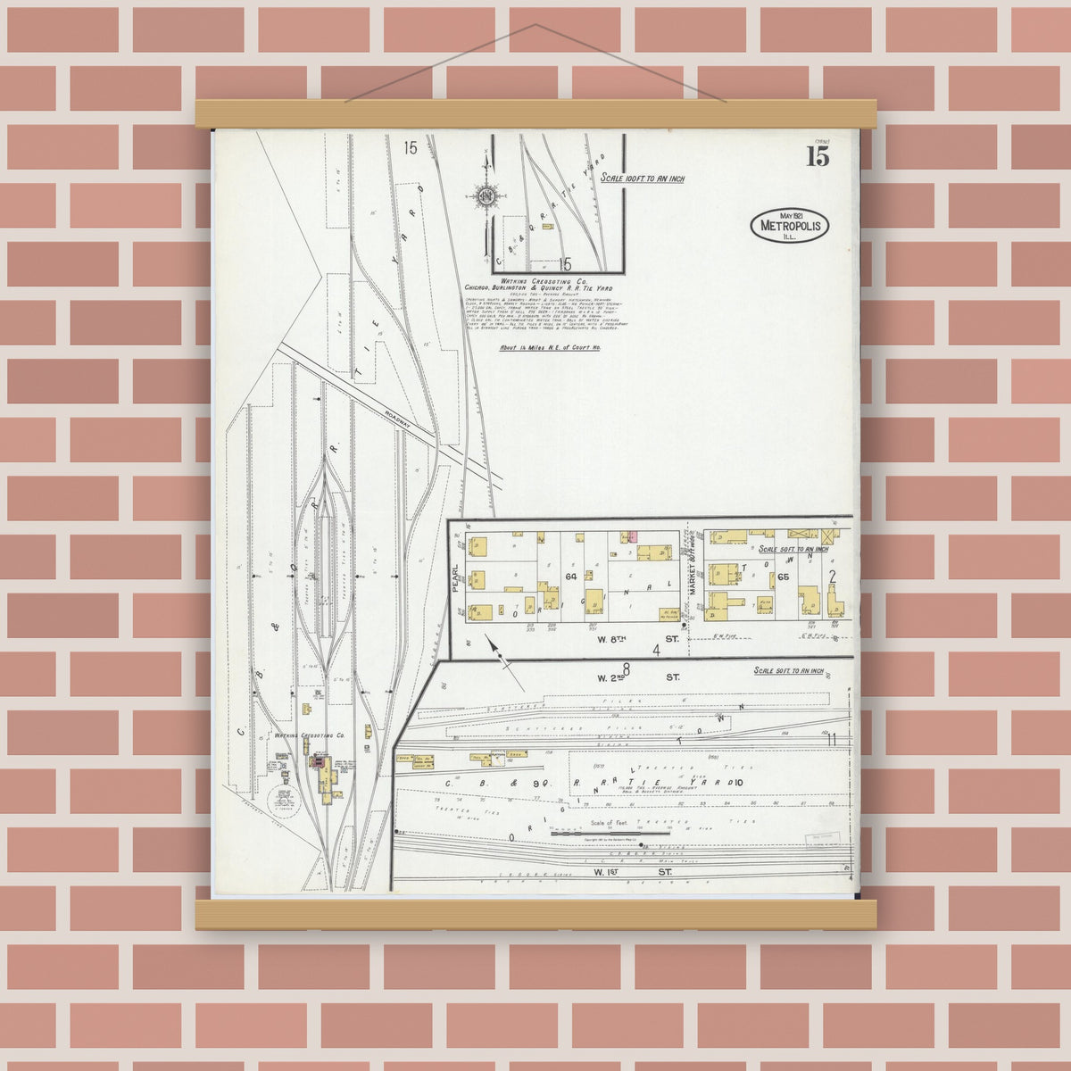 Old map wall art mockup — magnetic wood frame on brick wall — Sanborn Fire Insurance Map from Metropolis, Massac County, Illinois (1921), Sheet #0015