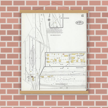 Old map wall art mockup — magnetic wood frame on brick wall — Sanborn Fire Insurance Map from Metropolis, Massac County, Illinois (1921), Sheet #0015
