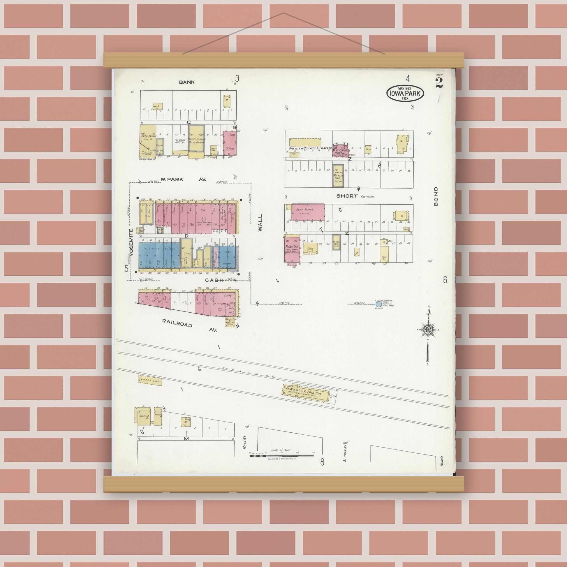 Old map wall art mockup — magnetic wood frame on brick wall — Sanborn Fire Insurance Map from Iowa Park, Wichita County, Texas (1921), Sheet #0002