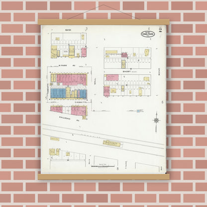 Old map wall art mockup — magnetic wood frame on brick wall — Sanborn Fire Insurance Map from Iowa Park, Wichita County, Texas (1921), Sheet #0002