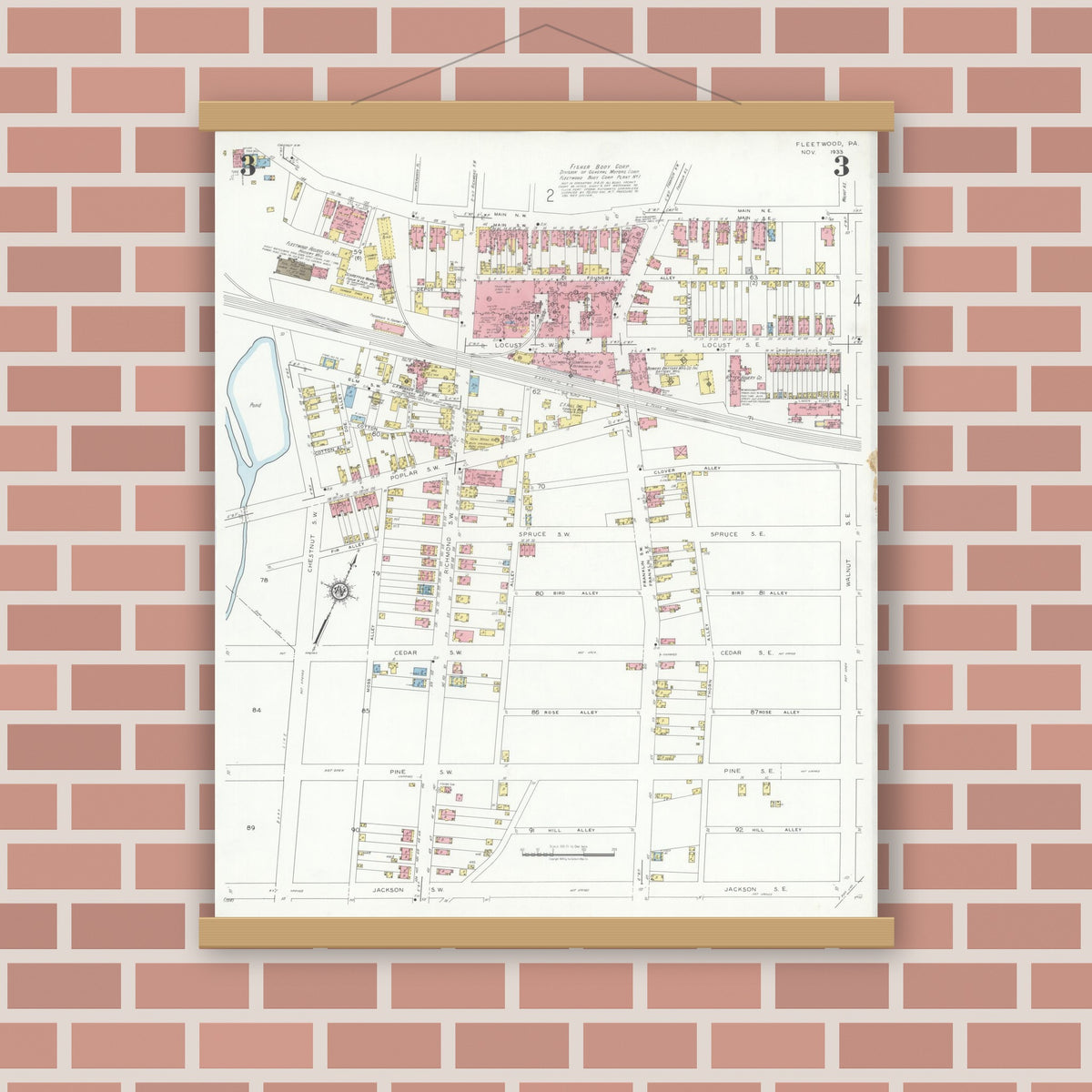 Old map wall art mockup — magnetic wood frame on brick wall — Sanborn Fire Insurance Map from Fleetwood, Berks County, Pennsylvania (1933), Sheet #0003