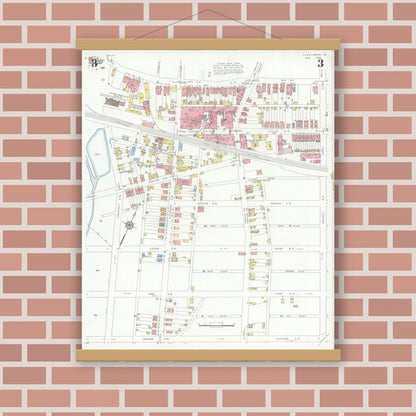 Old map wall art mockup — magnetic wood frame on brick wall — Sanborn Fire Insurance Map from Fleetwood, Berks County, Pennsylvania (1933), Sheet #0003