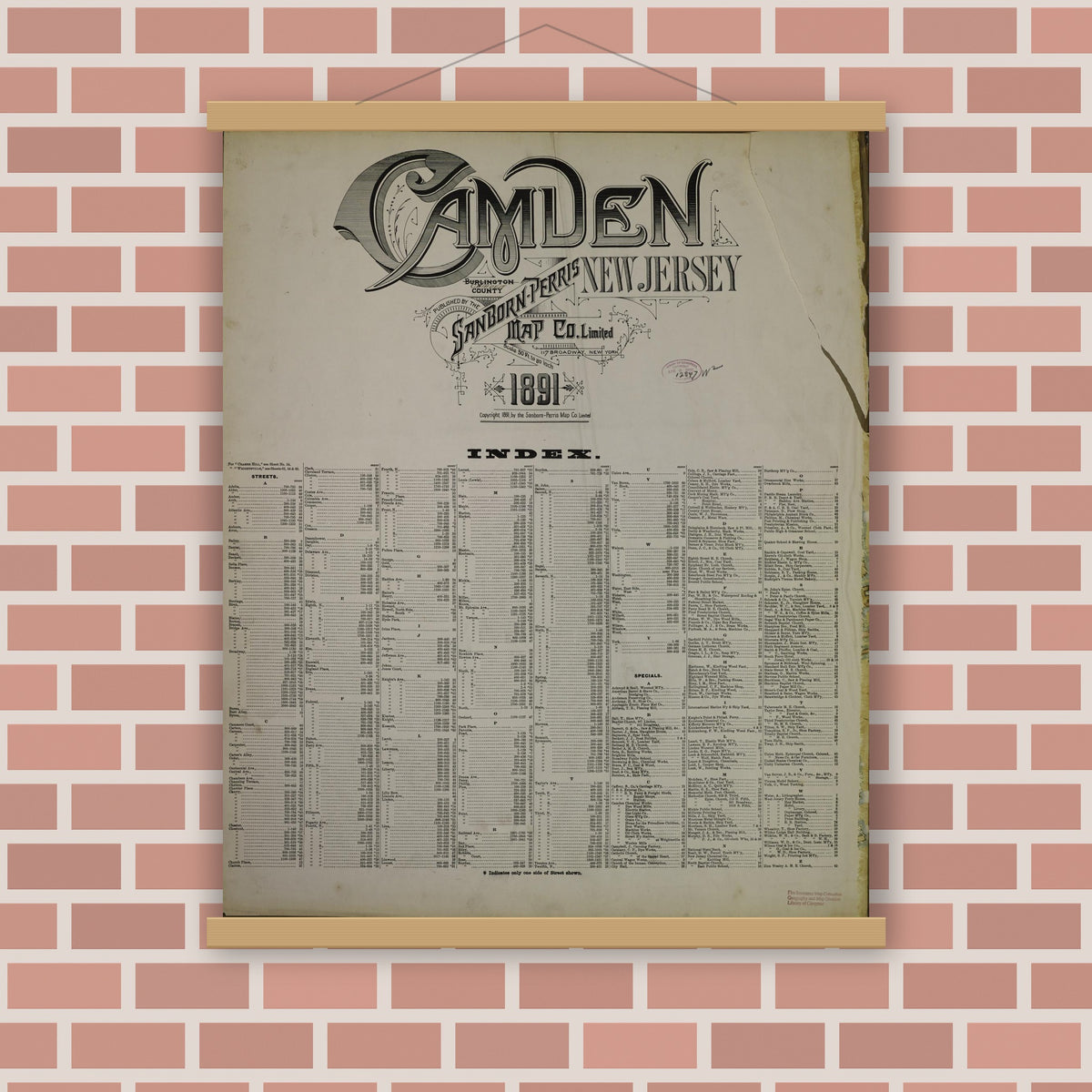 Old map wall art mockup — magnetic wood frame on brick wall — Sanborn Fire Insurance Map from Camden, Camden County, New Jersey (1891), Sheet #0001