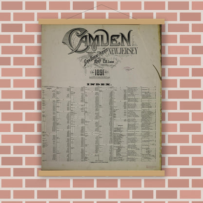 Old map wall art mockup — magnetic wood frame on brick wall — Sanborn Fire Insurance Map from Camden, Camden County, New Jersey (1891), Sheet #0001