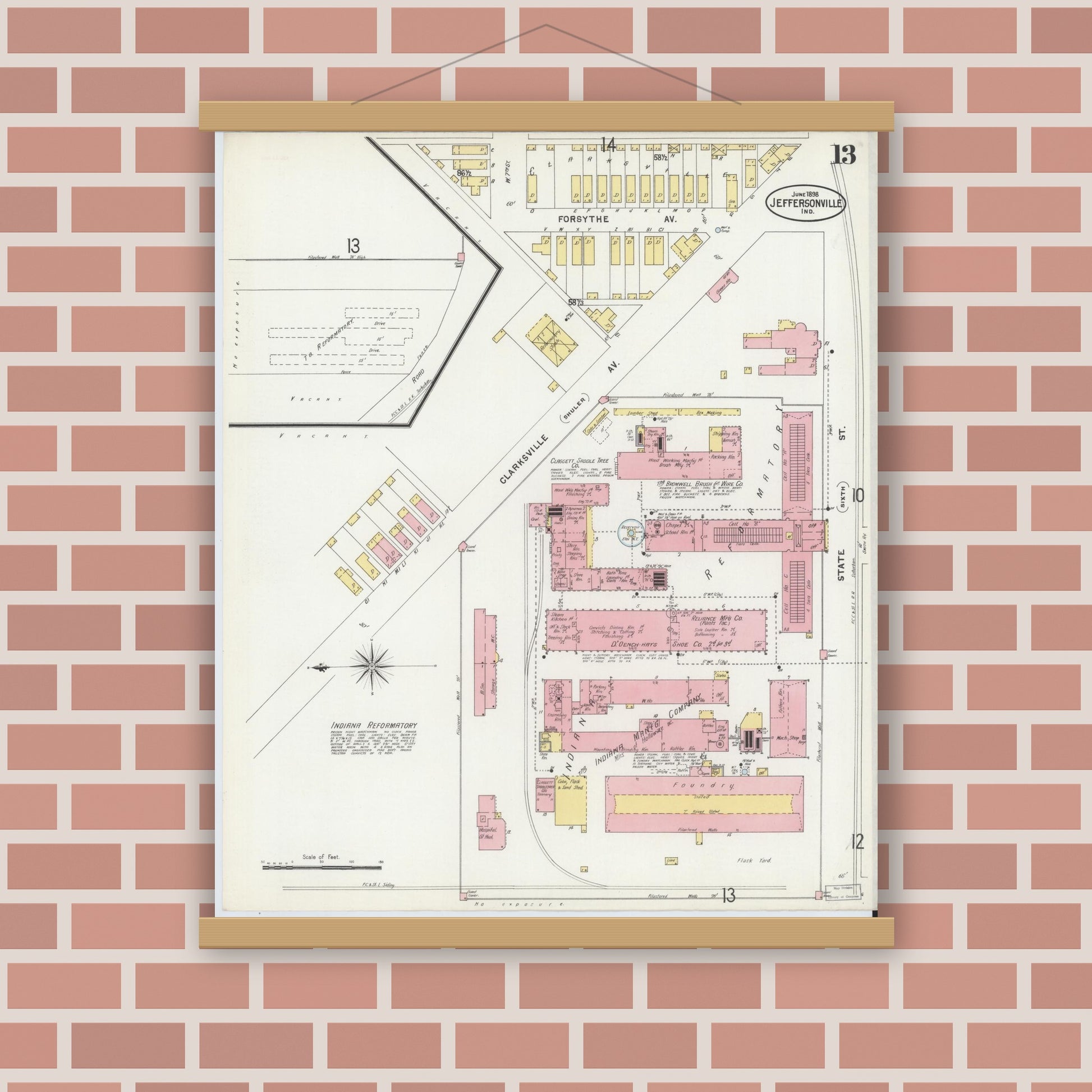 Old map wall art mockup — magnetic wood frame on brick wall — Sanborn Fire Insurance Map from Jeffersonville, Clark County, Indiana (1898), Sheet #0013