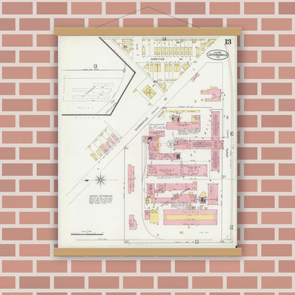 Old map wall art mockup — magnetic wood frame on brick wall — Sanborn Fire Insurance Map from Jeffersonville, Clark County, Indiana (1898), Sheet #0013