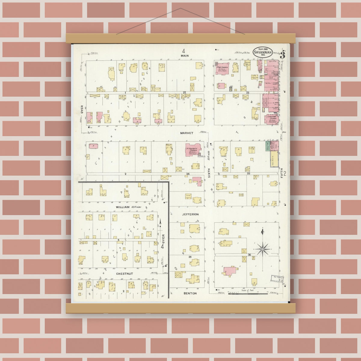 Old map wall art mockup — magnetic wood frame on brick wall — Sanborn Fire Insurance Map from Savannah, Andrew County, Missouri (1908), Sheet #0003