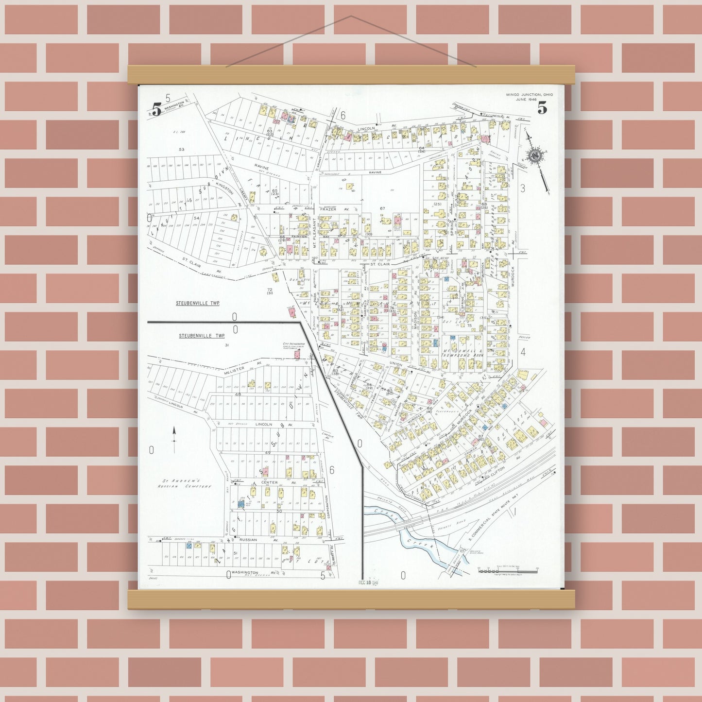 Old map wall art mockup — magnetic wood frame on brick wall — Sanborn Fire Insurance Map from Mingo Junction, Jefferson County, Ohio (1946), Sheet #0005