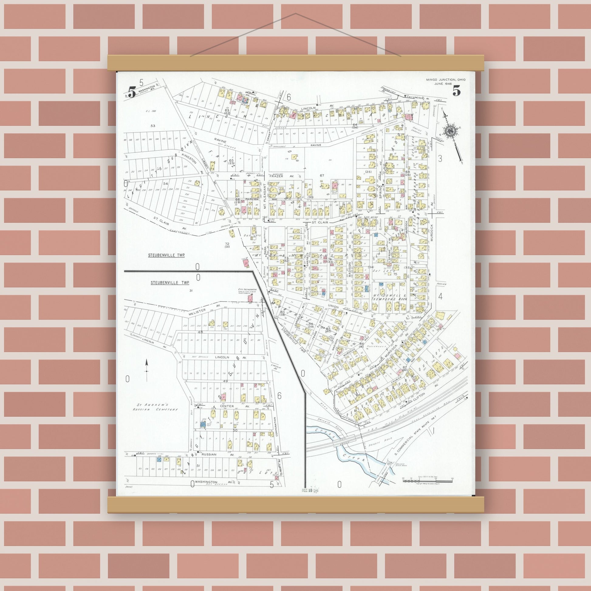 Old map wall art mockup — magnetic wood frame on brick wall — Sanborn Fire Insurance Map from Mingo Junction, Jefferson County, Ohio (1946), Sheet #0005