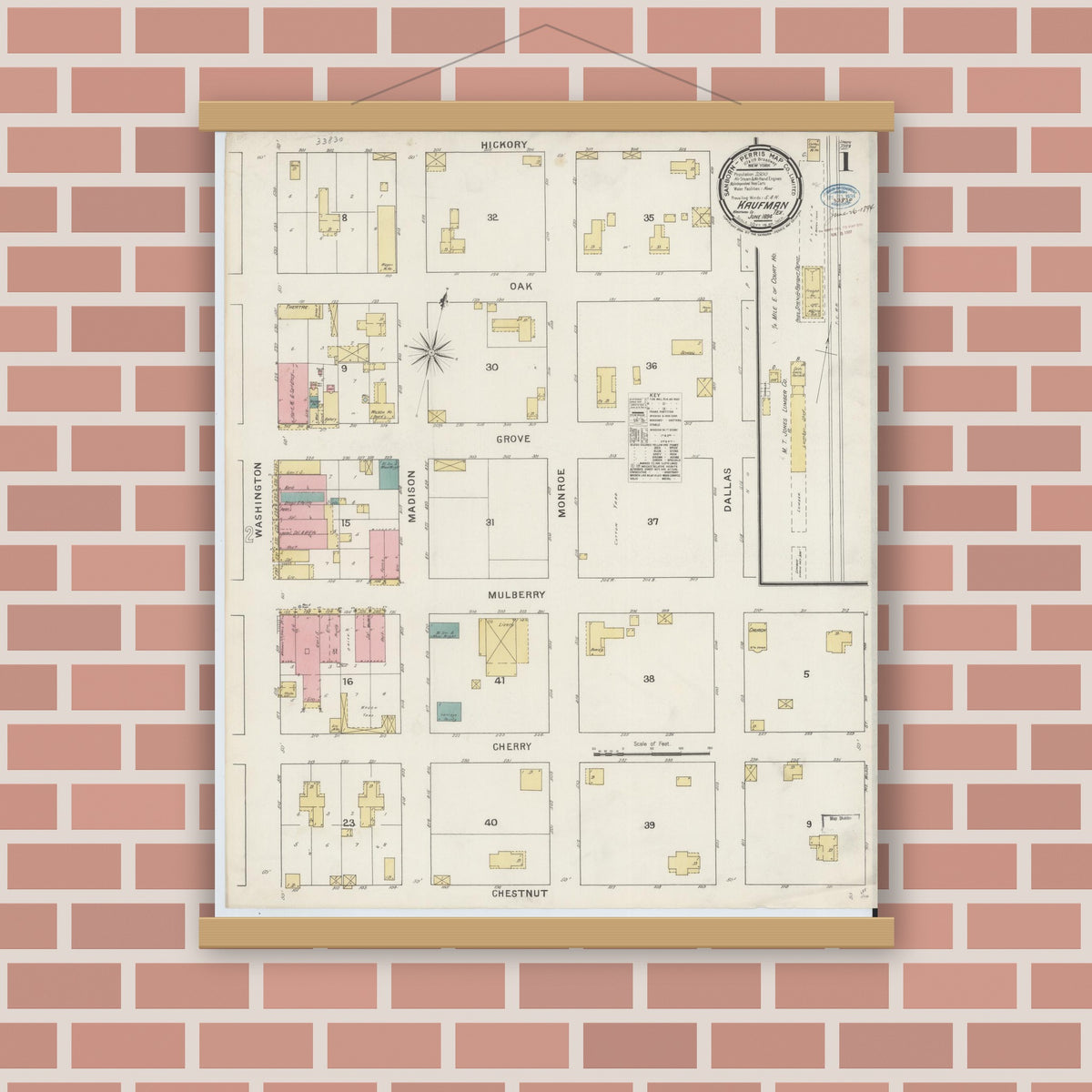 Old map wall art mockup — magnetic wood frame on brick wall — Sanborn Fire Insurance Map from Kaufman, Kaufman County, Texas (1894) - Complete Map Set