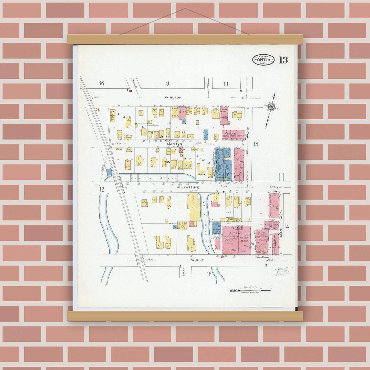 Old map wall art mockup — magnetic wood frame on brick wall — Sanborn Fire Insurance Map from Pontiac, Oakland County, Michigan (1919), Sheet #0013