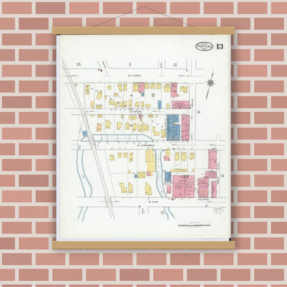 Old map wall art mockup — magnetic wood frame on brick wall — Sanborn Fire Insurance Map from Pontiac, Oakland County, Michigan (1919), Sheet #0013