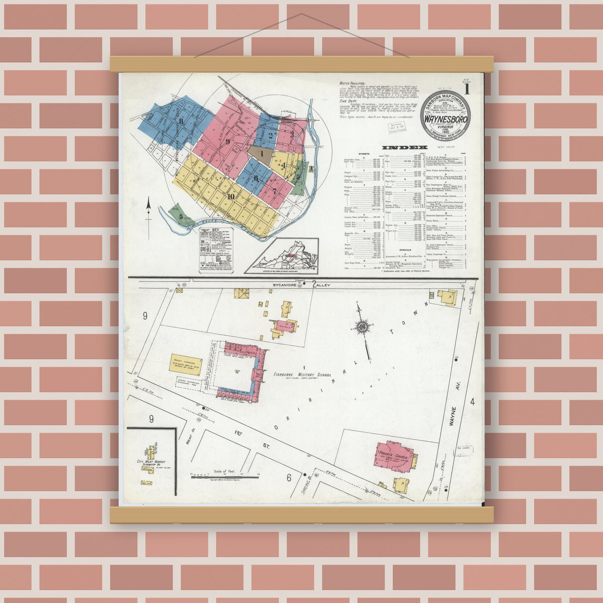 Old map wall art mockup — magnetic wood frame on brick wall — Sanborn Fire Insurance Map from Waynesboro, Independent Cities, Virginia (1920) - Complete Map Set