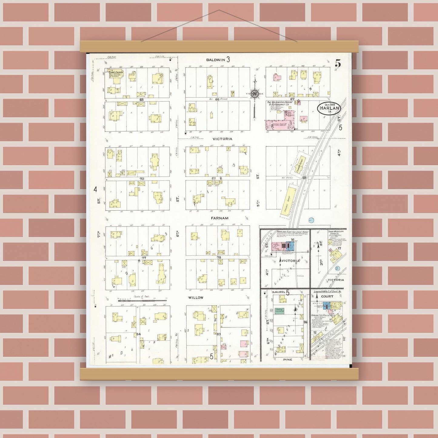 Old map wall art mockup — magnetic wood frame on brick wall — Sanborn Fire Insurance Map from Harlan, Shelby County, Iowa (1909), Sheet #0005