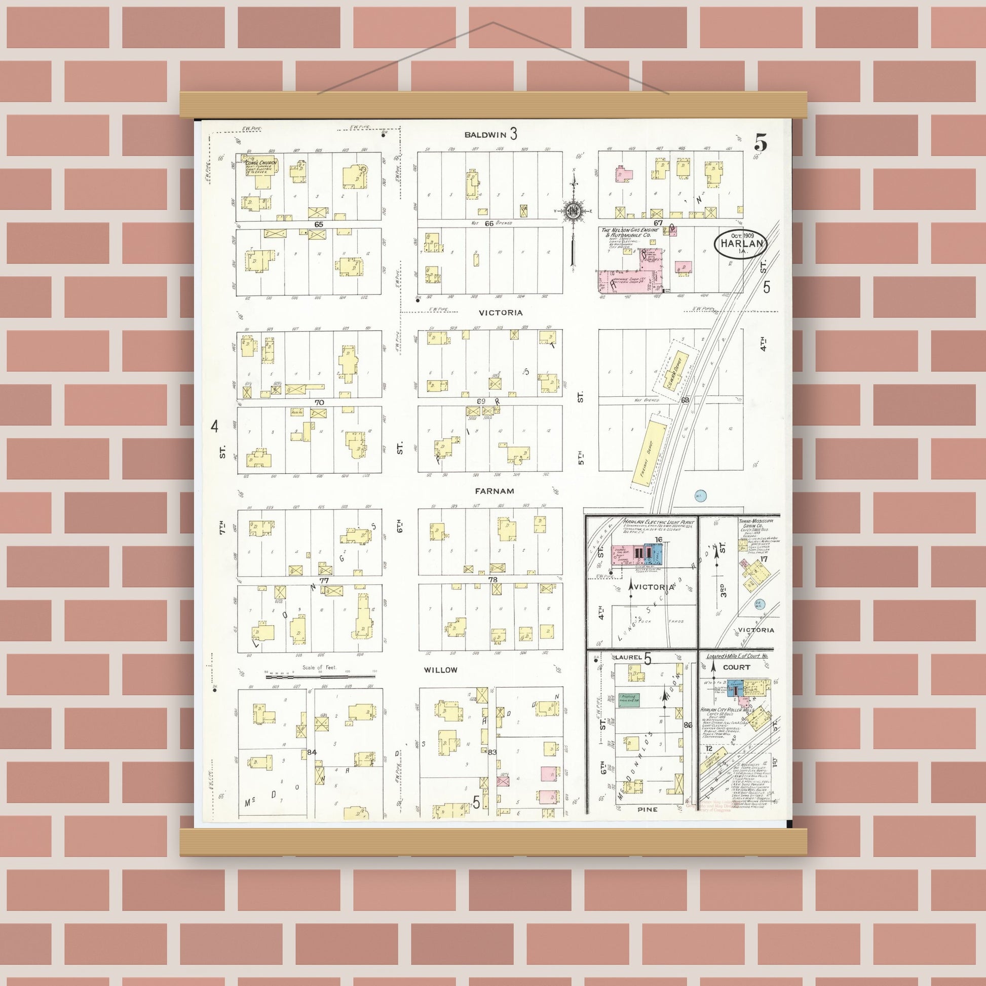 Old map wall art mockup — magnetic wood frame on brick wall — Sanborn Fire Insurance Map from Harlan, Shelby County, Iowa (1909), Sheet #0005