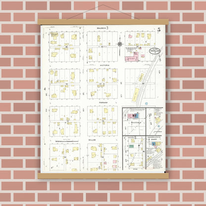 Old map wall art mockup — magnetic wood frame on brick wall — Sanborn Fire Insurance Map from Harlan, Shelby County, Iowa (1909), Sheet #0005