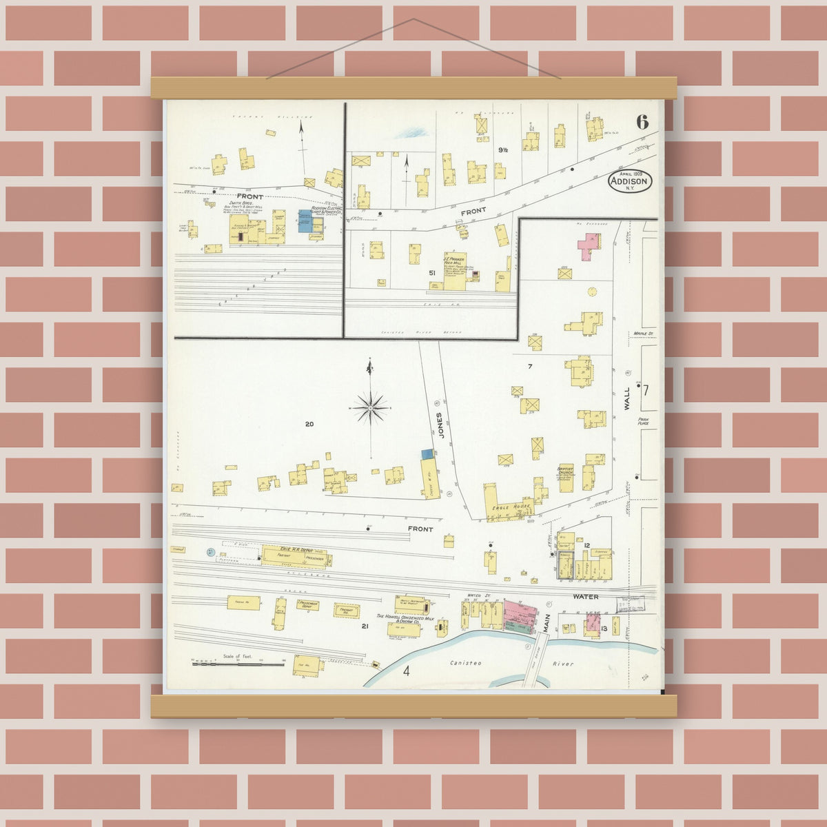 Old map wall art mockup — magnetic wood frame on brick wall — Sanborn Fire Insurance Map from Addison, Steuben County, New York (1909), Sheet #0006