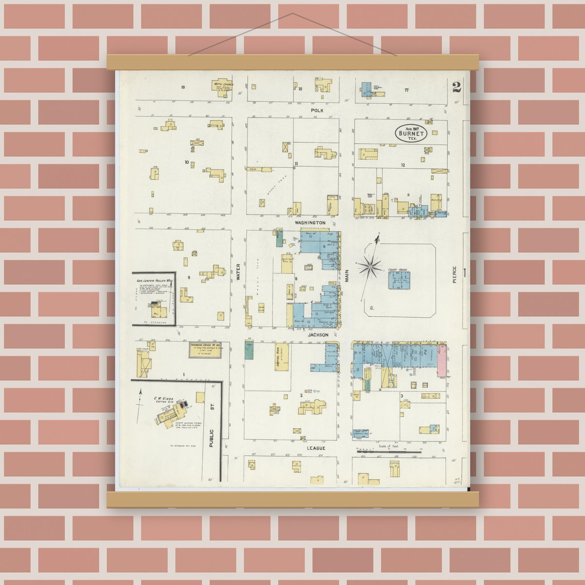 Old map wall art mockup — magnetic wood frame on brick wall — Sanborn Fire Insurance Map from Burnet, Burnet County, Texas (1907), Sheet #0002