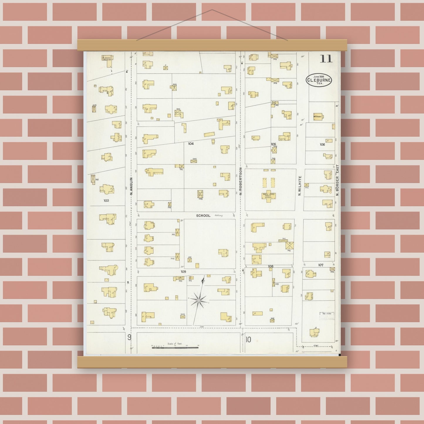 Old map wall art mockup — magnetic wood frame on brick wall — Sanborn Fire Insurance Map from Cleburne, Johnson County, Texas (1898), Sheet #0011