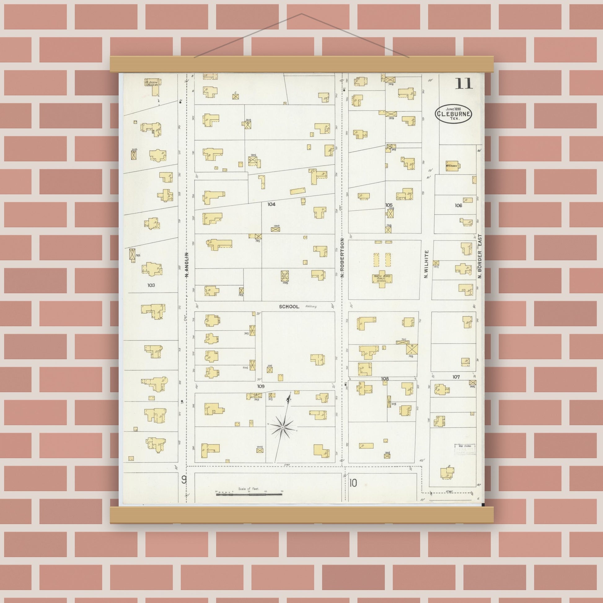 Old map wall art mockup — magnetic wood frame on brick wall — Sanborn Fire Insurance Map from Cleburne, Johnson County, Texas (1898), Sheet #0011