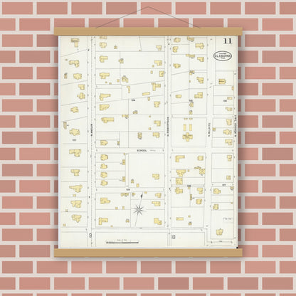 Old map wall art mockup — magnetic wood frame on brick wall — Sanborn Fire Insurance Map from Cleburne, Johnson County, Texas (1898), Sheet #0011