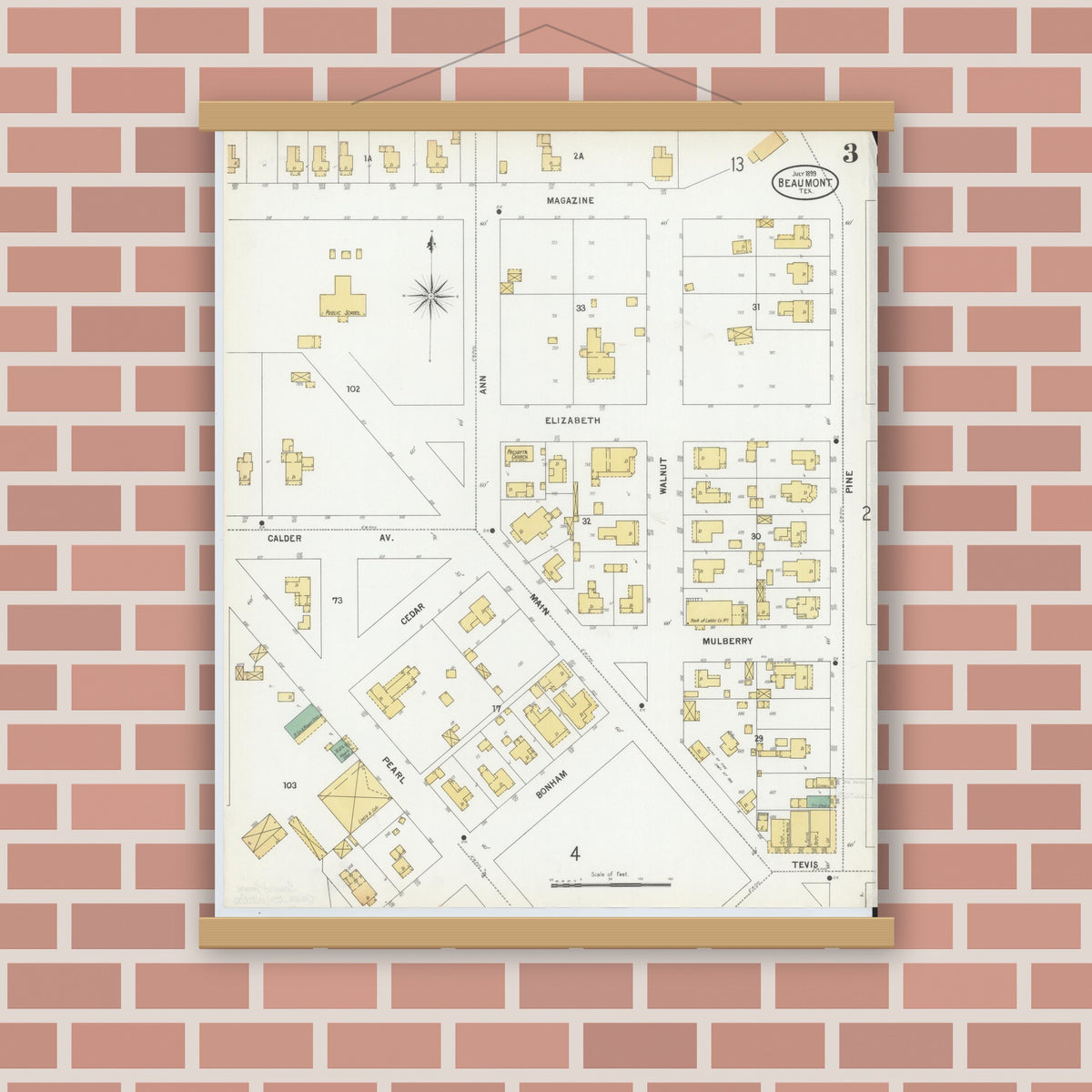 Old map wall art mockup — magnetic wood frame on brick wall — Sanborn Fire Insurance Map from Beaumont, Jefferson County, Texas (1899), Sheet #0003