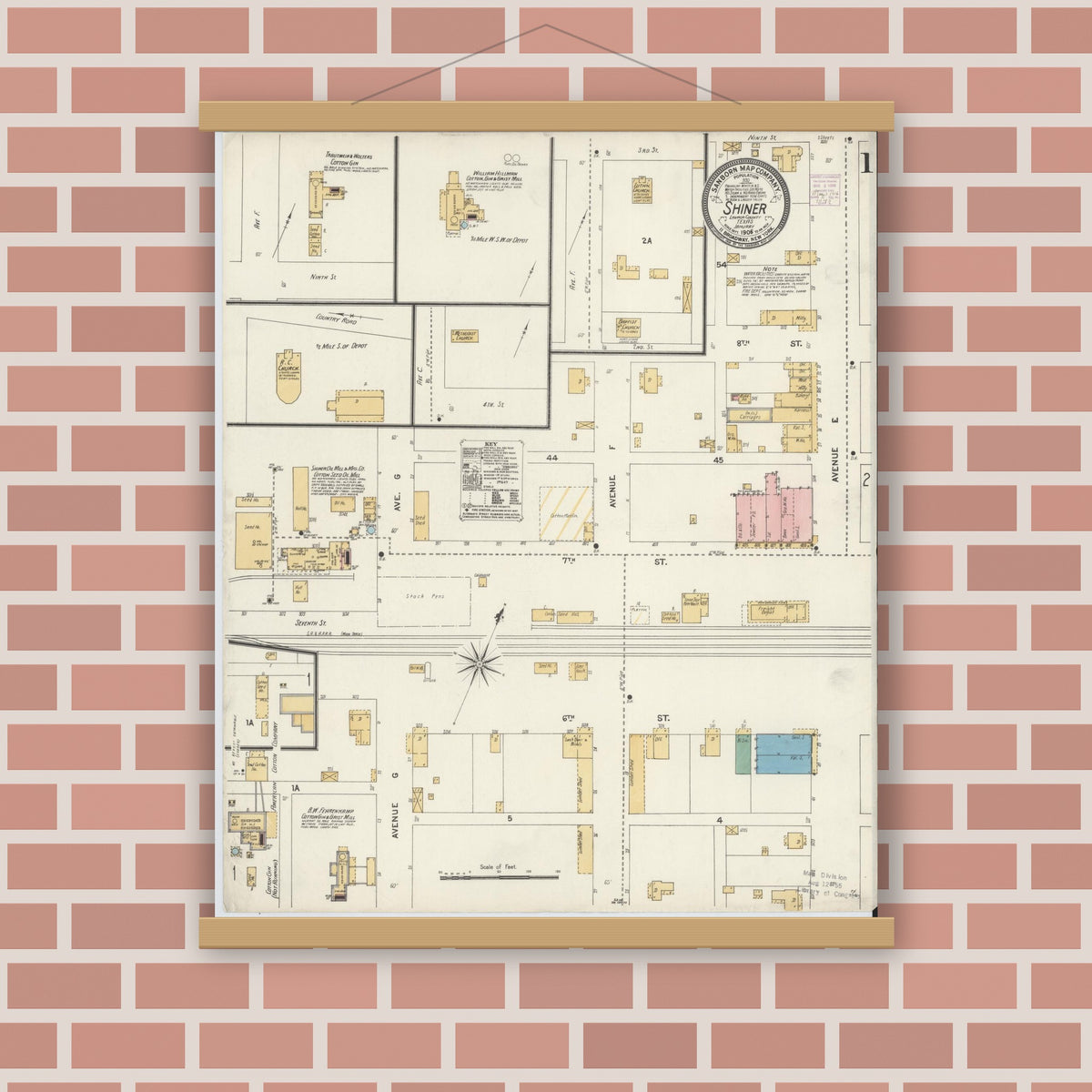 Old map wall art mockup — magnetic wood frame on brick wall — Sanborn Fire Insurance Map from Shiner, Lavaca County, Texas (1906), Sheet #0001