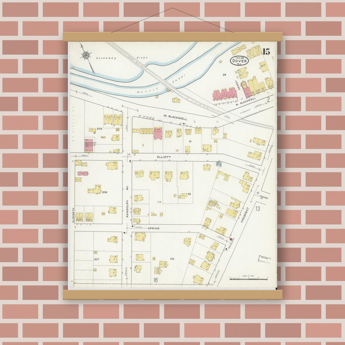 Old map wall art mockup — magnetic wood frame on brick wall — Sanborn Fire Insurance Map from Dover, Morris County, New Jersey (1916), Sheet #0015