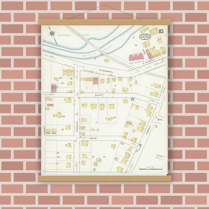 Old map wall art mockup — magnetic wood frame on brick wall — Sanborn Fire Insurance Map from Dover, Morris County, New Jersey (1916), Sheet #0015