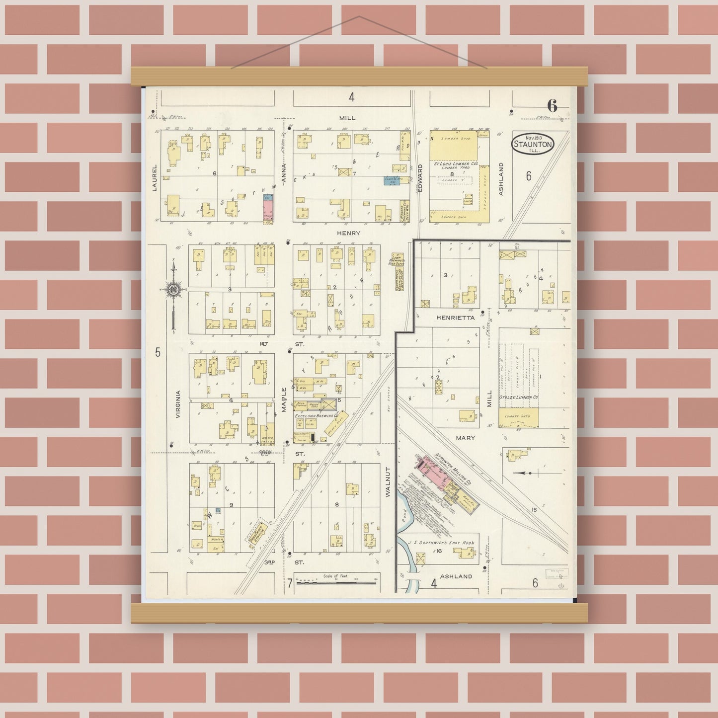 Old map wall art mockup — magnetic wood frame on brick wall — Sanborn Fire Insurance Map from Staunton, Macoupin County, Illinois (1913), Sheet #0006