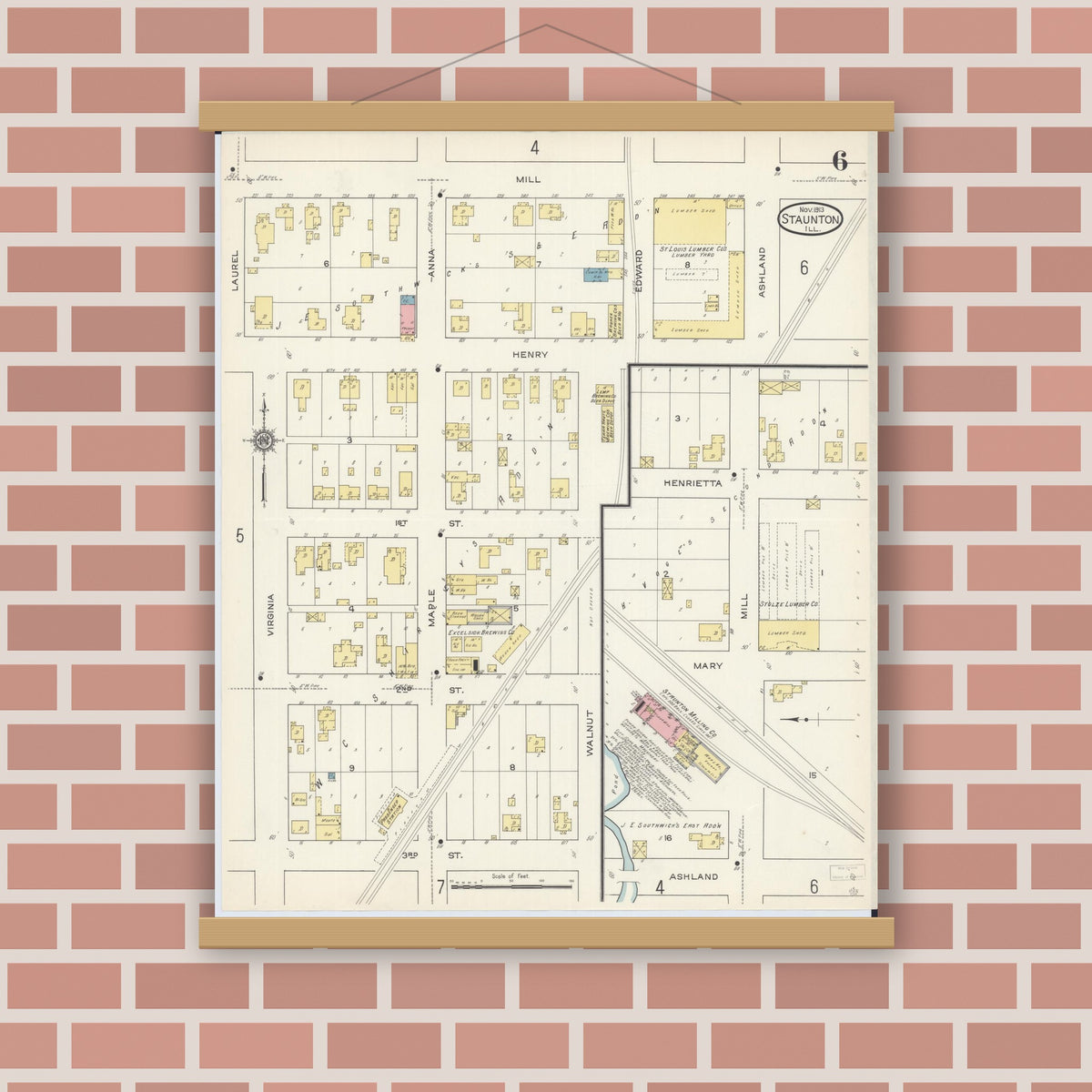 Old map wall art mockup — magnetic wood frame on brick wall — Sanborn Fire Insurance Map from Staunton, Macoupin County, Illinois (1913), Sheet #0006