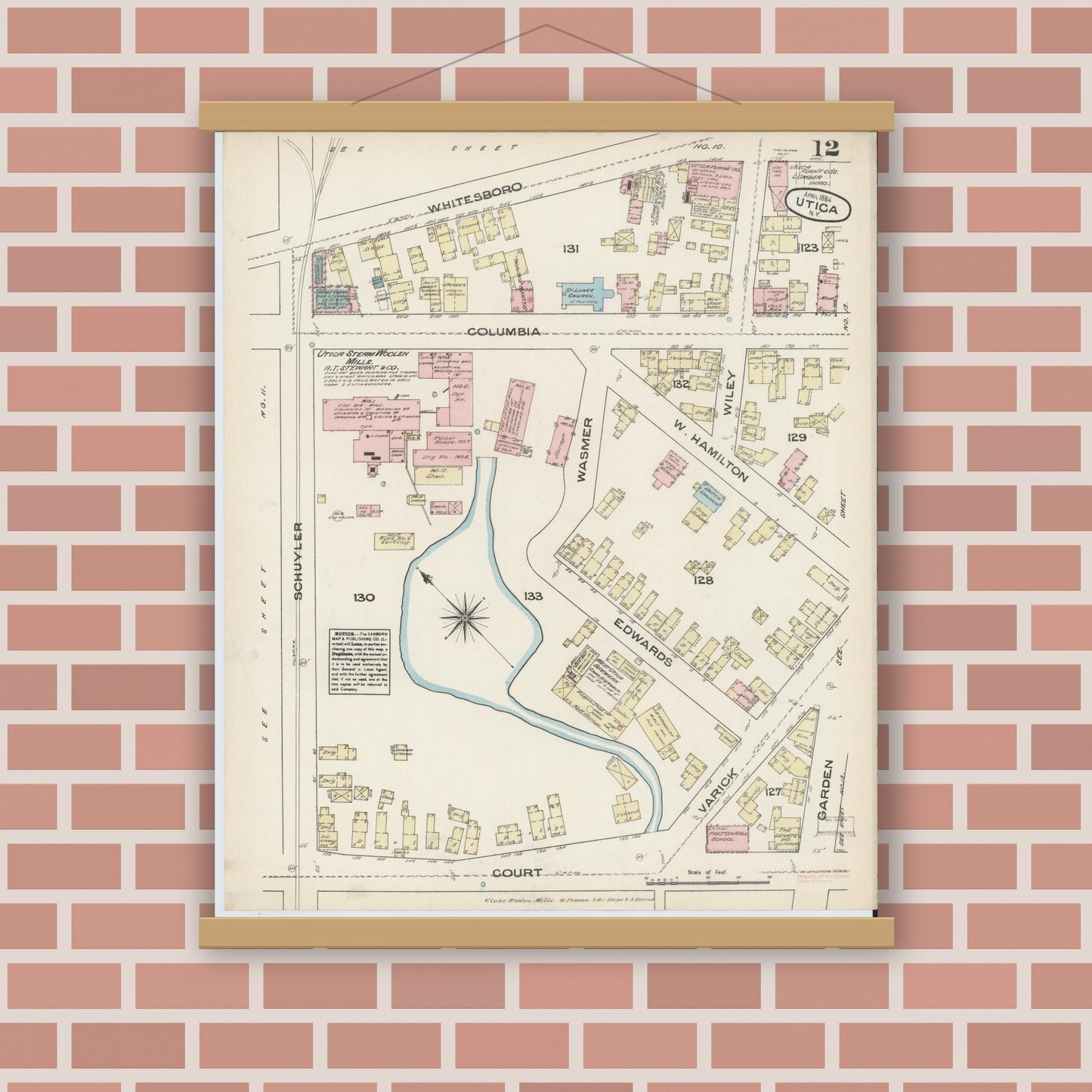 Old map wall art mockup — magnetic wood frame on brick wall — Sanborn Fire Insurance Map from Utica, Oneida County, New York (1884), Sheet #0012